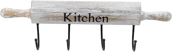 MyGift Wall Mounted Kitchen Utensil Rack, Rustic White Washed Wood Rolling Pin Cooking Tool Hanger with 4 Hooks for Aprons, Dish Towel, Mugs, Spoons