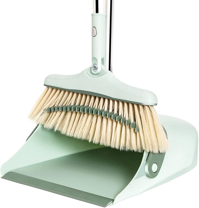 Broom and Dustpan Set for Home, Long Handle Dust Pan and Broom Combo for Indoor Outdoor Heavy Duty Dustpan Set for Kitchen Lobby Office Upright Standing Dustpan with Teeth (Green)
