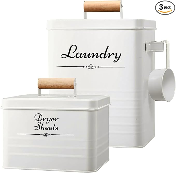 Farmhouse Metal Laundry Pods Container with Dryer Sheet Holder for Organization and Storage, Laundry Room Decor - Holds 156 Pods and 300 Sheets (White)