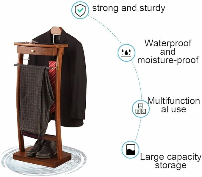 Suit Valet Stand with Tray, Wood Valet Stand for Men, Floor Standing Clothes Valet Stand, Valet Stand for Office Living Room Bed Room 44.4X30X112.2CM (Walnut)