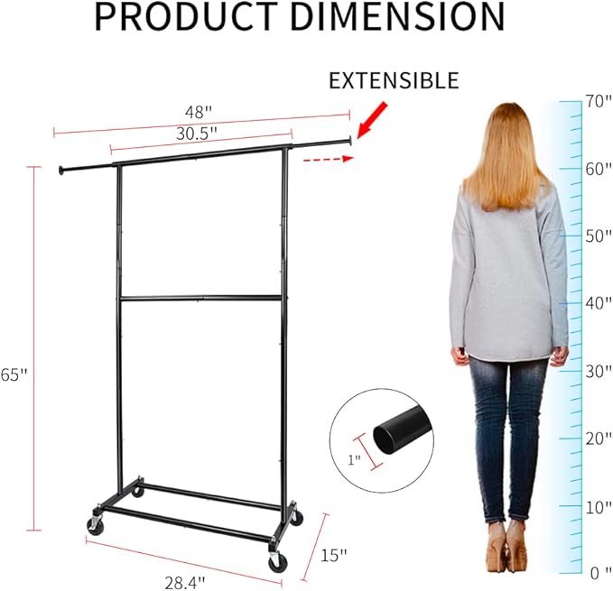 Fishat Black Simple Standard Rod Rolling Garment Clothes Rack, Metal Clothes Organizer with Lockable Wheels