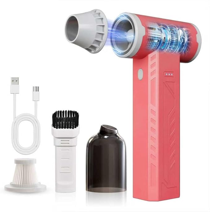 Compressed Air Duster 480000RPM Electric Air Duster Variable Speed 580G 4 Gear Adjustable Rechargeable Cordless Jet Dry Blower Turbo Fan Dryer Cleaning Air Blower Mini Car Vacuum Cleaner Rose Pink