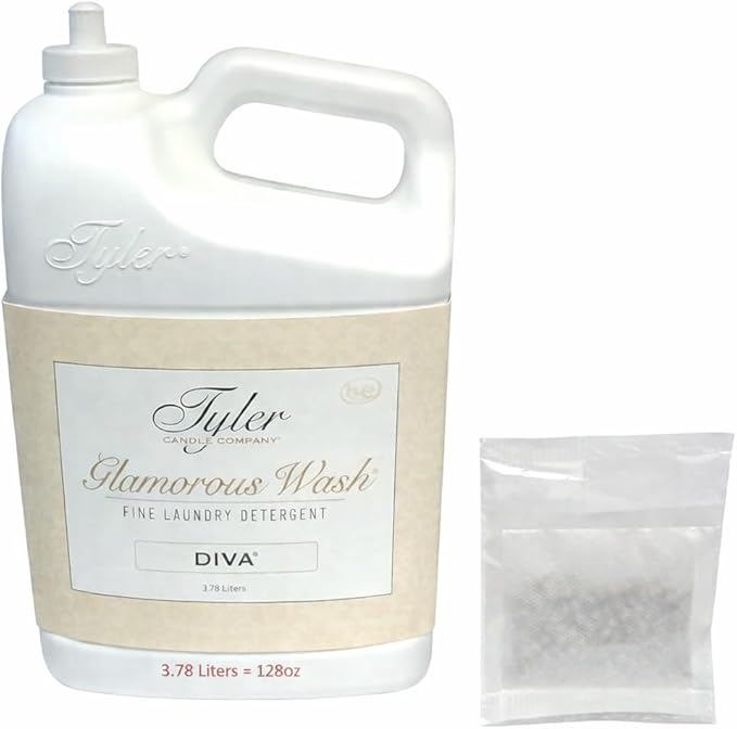 Tyler Candle Company Glam Wash Laundry Detergent, Diva, Liquid, 128 Fl Oz HE Safe w/Dryer Sachet Pouch, Pull and Pour Spill Proof Cap oh