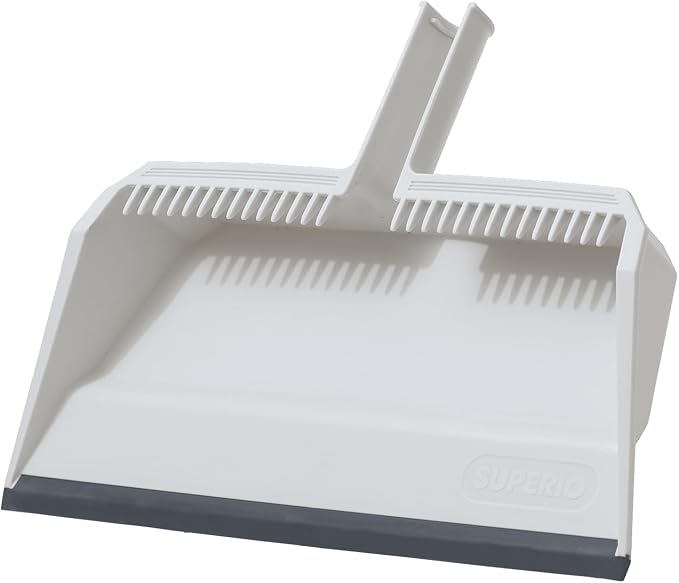 Superio Wide Plastic Dustpan with Comb - 16" Wide, Rubber Lip, Broom Handle Clip, White