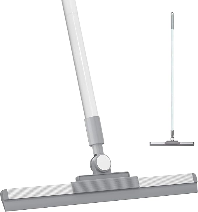 Floor Squeegee - 52 Inch Adjustable Long Handle 14.2 Inch Rubber Blade 180° Rotatable Head Heavy Duty Squeegee Broom for Floor Window Bathroom Tile Garage Concrete Shower Patio (White)