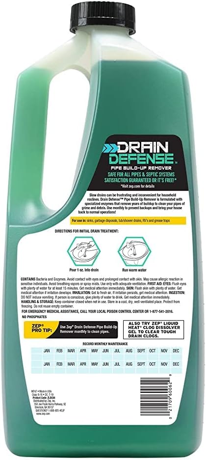 Zep Drain Defense Pipe Build-Up Remover - 64 Ounces - ZLDC648 - Professional Strength Liquid Pipe Build Up Remover,GREEN & Roebic K-97 Main Line Cleaner, Exclusive Bacteria Digests Paper, Fats
