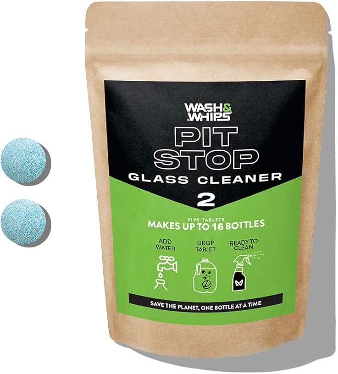 WASH&WHIPS Window, Glass Cleaner Pit Stop Refill Effervescent Tablets – 16 Bottles, Cleans Glasses, Windows, Mirrors,Steel Appliances – Streak-Free, Car, Office, Home & Kitchen