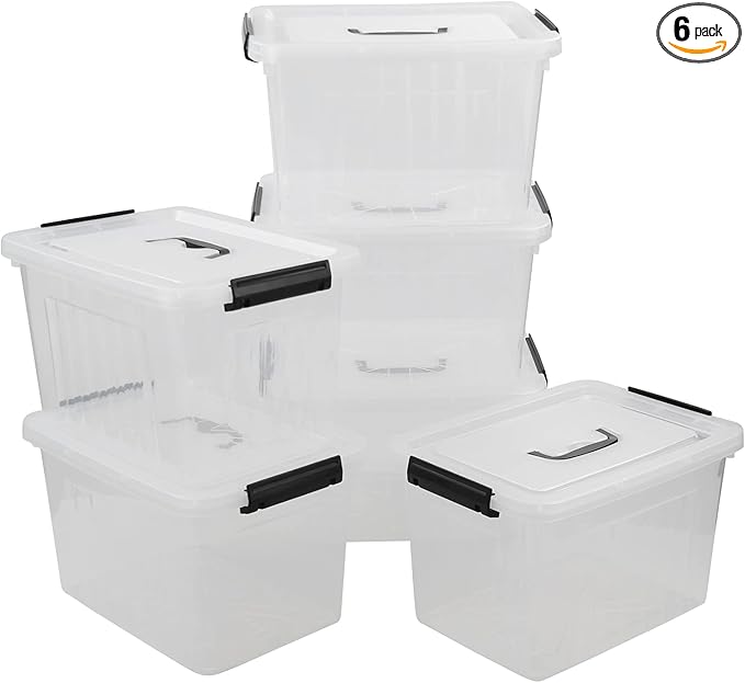 Zopnny 6-Pack 12 Quart Latch Box, Stackable Organizer Bins with Latching Lids, Clear Plastic Organization Containers for Closet, Bedroom, Shelving Units and Everyday Home Storage