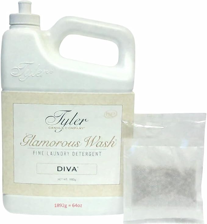 Tyler Glam Wash Laundry Detergent, Diva, Liquid, 64 Fl Oz HE Safe w/Dryer Sachet Pouch, Pull and Pour Spill Proof Cap om