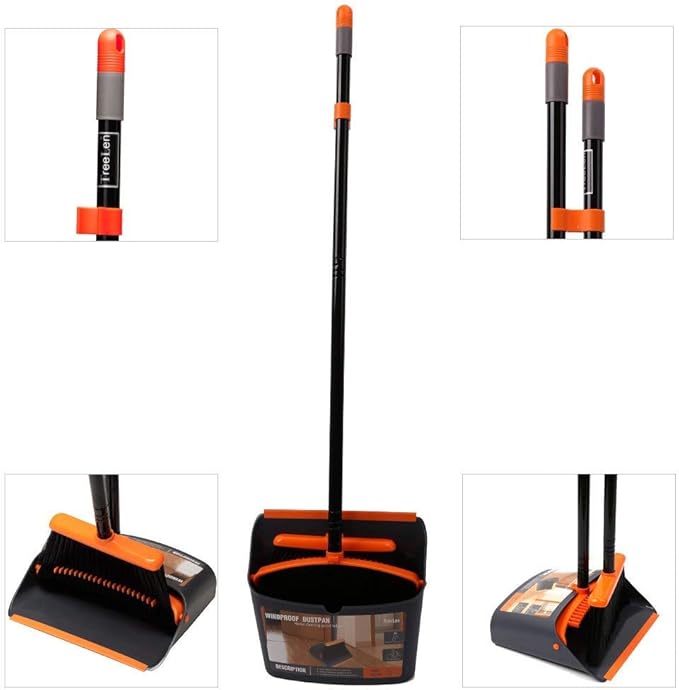 TreeLen Broom and Dustpan Set with 52" Long Handle for Home Kitchen Room Office Lobby Floor Use Upright Stand Up Stand Up Broom with Dustpan Combo