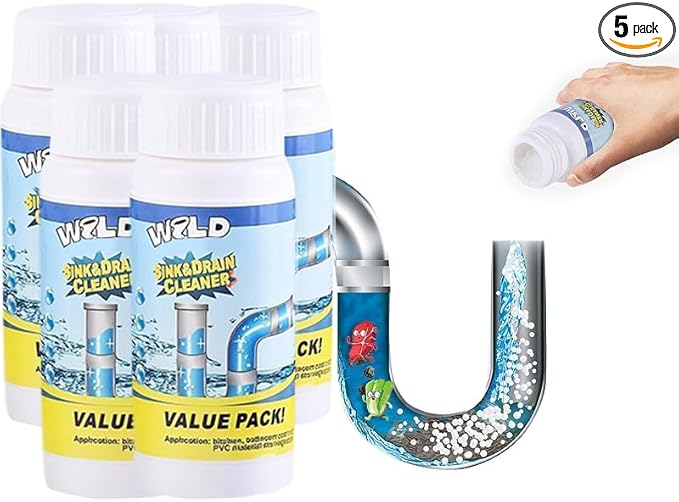 Foaming Sink & Drain Cleaner Powder, 2026 Upgraded Fast-Acting Pipe Declogger for Kitchen Bathroom Shower Toilet, Powerful Rapid Foam Drain Opener for Hair Grease & Odor Removal (5pcs)