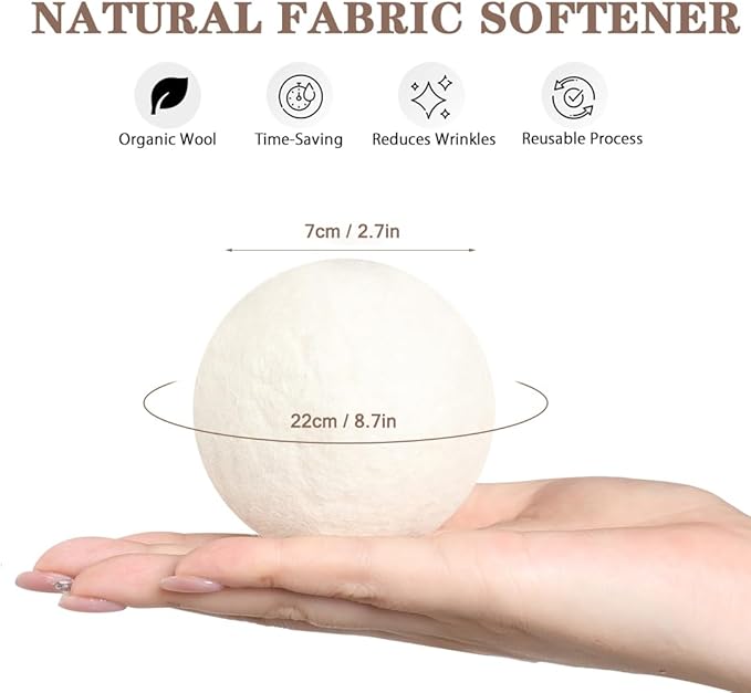 Wool Dryer Balls XL 6 Pack Pure Organic Wool Premium Reusable Fabric Softener New Zealand Sheep Wool Ball for Dryer Natural Fabric Softener Saves Drying Time