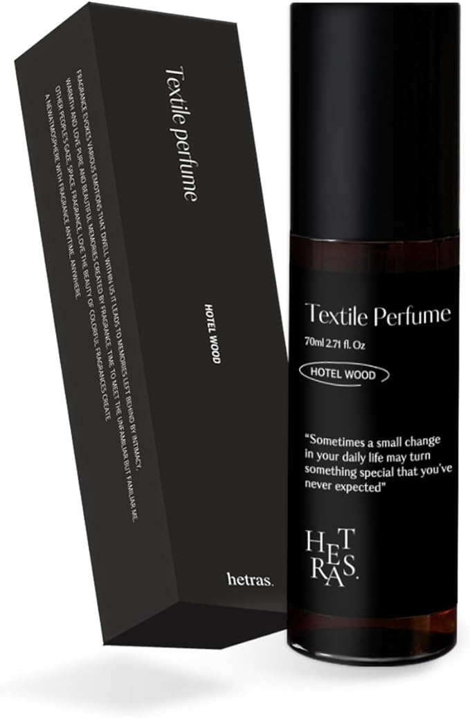 hetras Textile Perfume | Hotel Wood - Luxurious Forest Scent | Long-Lasting Subtle Fragrance Wrinkle Release Spray | Travel-Size Linen Freshener | Made with Natural Essential Oils, 2.7 fl. oz.