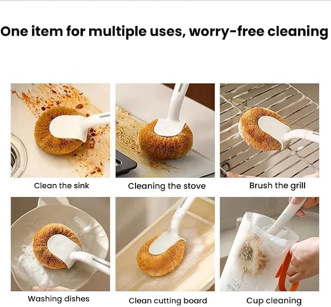 Natural Coconut Fiber Pot Scrubber with Handle – Multi-Surface Cleaning Brush for Pots, Pans, Stovetops, Kitchen Surfaces – Eco-Friendly Dishwashing Brush