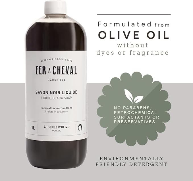 Fer à Cheval Liquid Black Soap All Purpose Cleaner with Olive Oil, Concentrated Multi-Use Cleaner for Home Surfaces, 1000 ml / 33.81 fl oz Black Soap Olive
