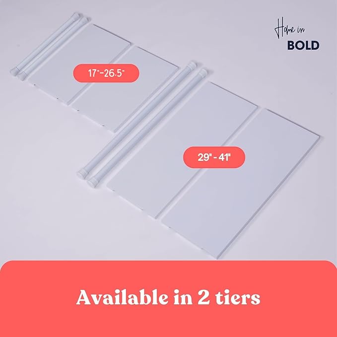Home in Bold Tension Rod Shelving (17"-26.5" x 10") Expandable Closet Tension Shelf Storage Rack - No Drill Cabinet Tension Rod Shelf for Closet No-Slip