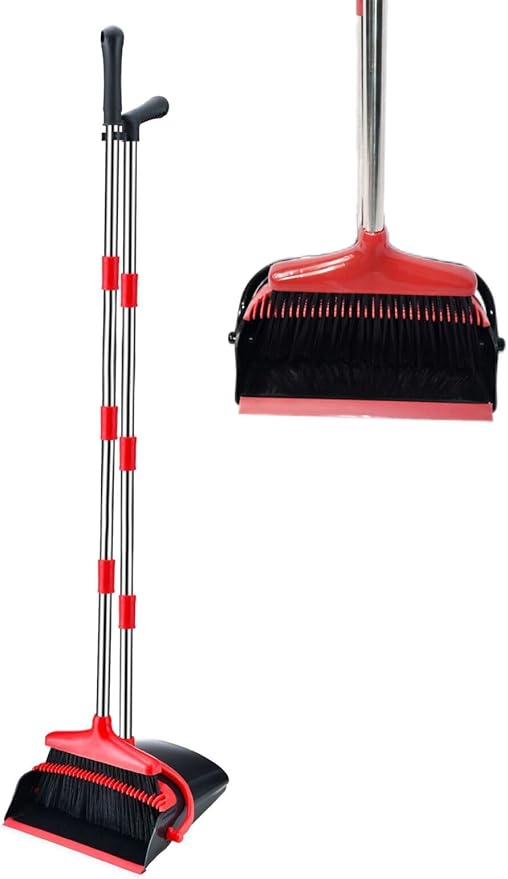 Broom and Dustpan Set, Stand Upright Windproof Dustpan, Long Handle Broom and Dustpan with Teeth for Home Kitchen Room Office Lobby Floor Cleaning (Black+Red)