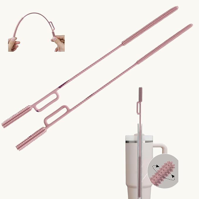 2-in-1 Dual-Head Straw Brush, Silicone Cleaning Brush for Straws & Lid Gaps, Long Flexible for Tumblers & Bottles, Non-Slip Handle, No-Scratch, 2 Pack (6mm & 9mm), Durable & Reusable (Blush Pink)