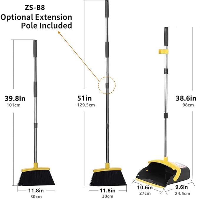 2-Pack is More economical,Brooms with Dustpan Combo Set， with 52" Long Handle, Dustpan Teeth with self-Cleaning Function, Indoor and Outdoor Sweeping, Perfect for Home Office (Large/Yellow/ 2-Pack)