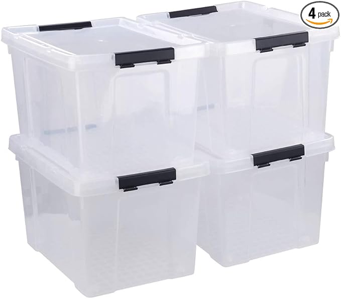 50 Quart Plastic Storage Container with Wheels, Clear Large Storage Bin, 4 Packs