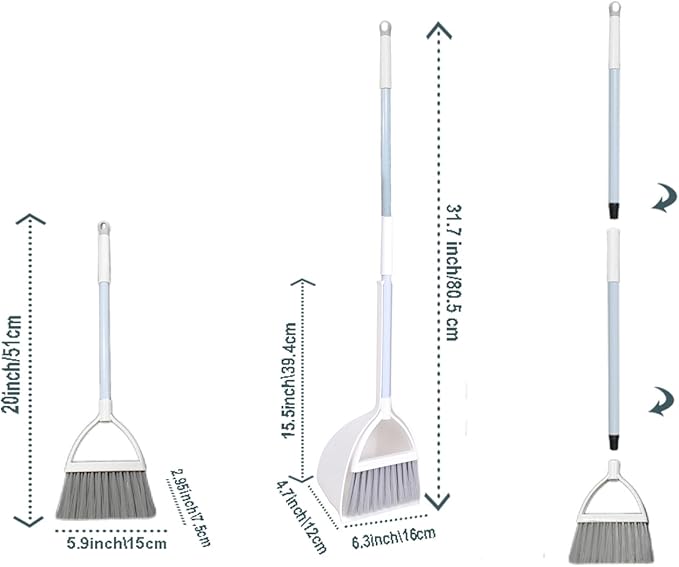 Mini Broom with Dustpan for Kids,Little Housekeeping Helper Set (White+Grey)