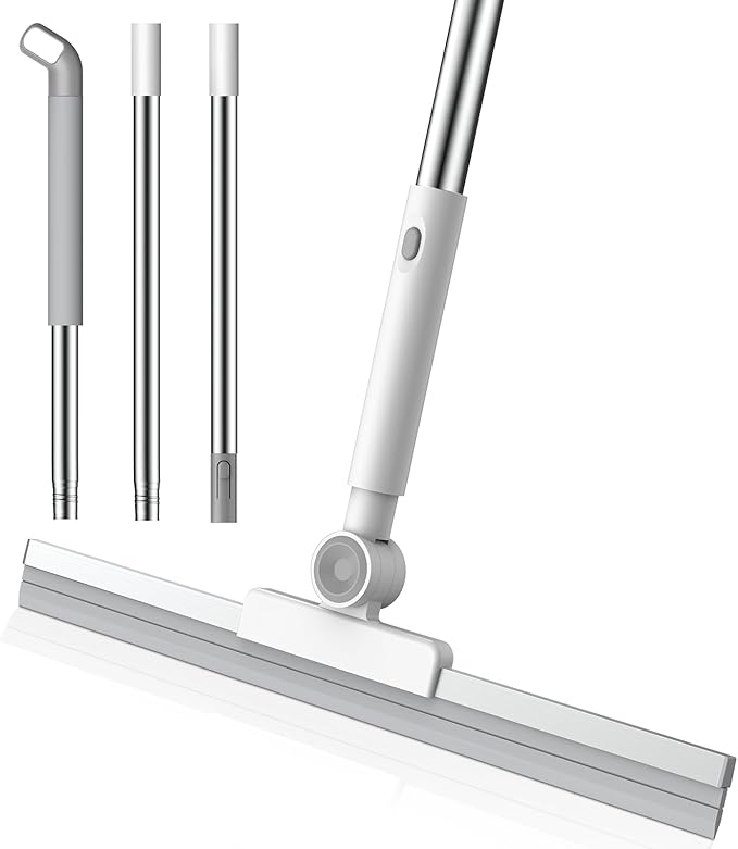 nacena Floor Squeegee, 52-in Adjustable Long Handle Squeegee for Floor Water Removal 180° Rotatable Head Squeegee Broom for Cleaning Window Shower Glass Tile Garage Concrete Pet Hairs, Grey&White
