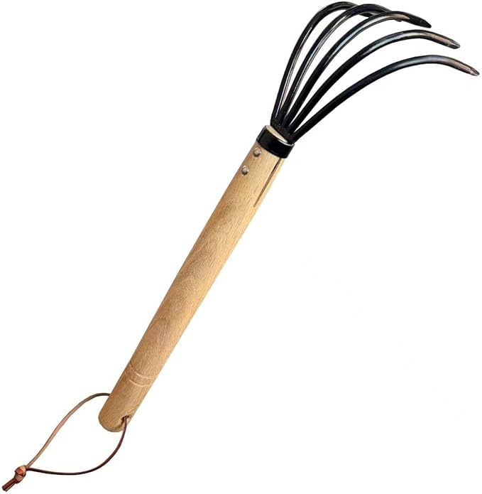 15"Garden rake, 5-Prong Steel Leaf Rake with Solid Wood Handle for Gardening, Beach Combing & Soil Loosening