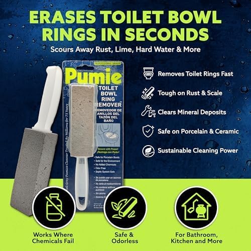 PUMIE Pumice Stone Toilet Bowl Cleaner (12-Pack) - Toilet Pumice Stone with Handle - Heavy Duty Scouring Stick for Rings, Bowls, Hard Water Stains, Lime, Rust, Sink - Includes Handle for Easy Use