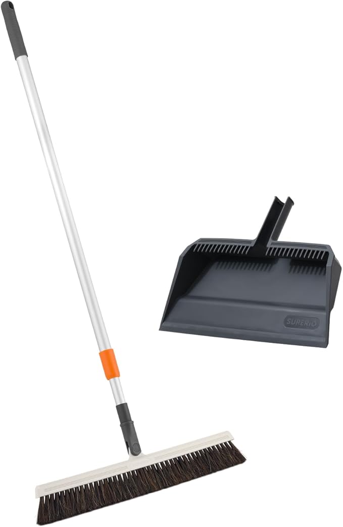 Superio 18" Horse Hair Upright Broom with Telescopic Handle & 16" Gray Dustpan with Comb, Rubber Lip & Clip – Narrow Thin Dust Broom for Dog Hair – Hardwood & Tile Floor Cleaning Set – Gray