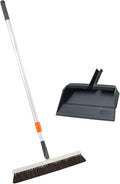 Superio 18" Horse Hair Upright Broom with Telescopic Handle & 16" Gray Dustpan with Comb, Rubber Lip & Clip – Narrow Thin Dust Broom for Dog Hair – Hardwood & Tile Floor Cleaning Set – Gray