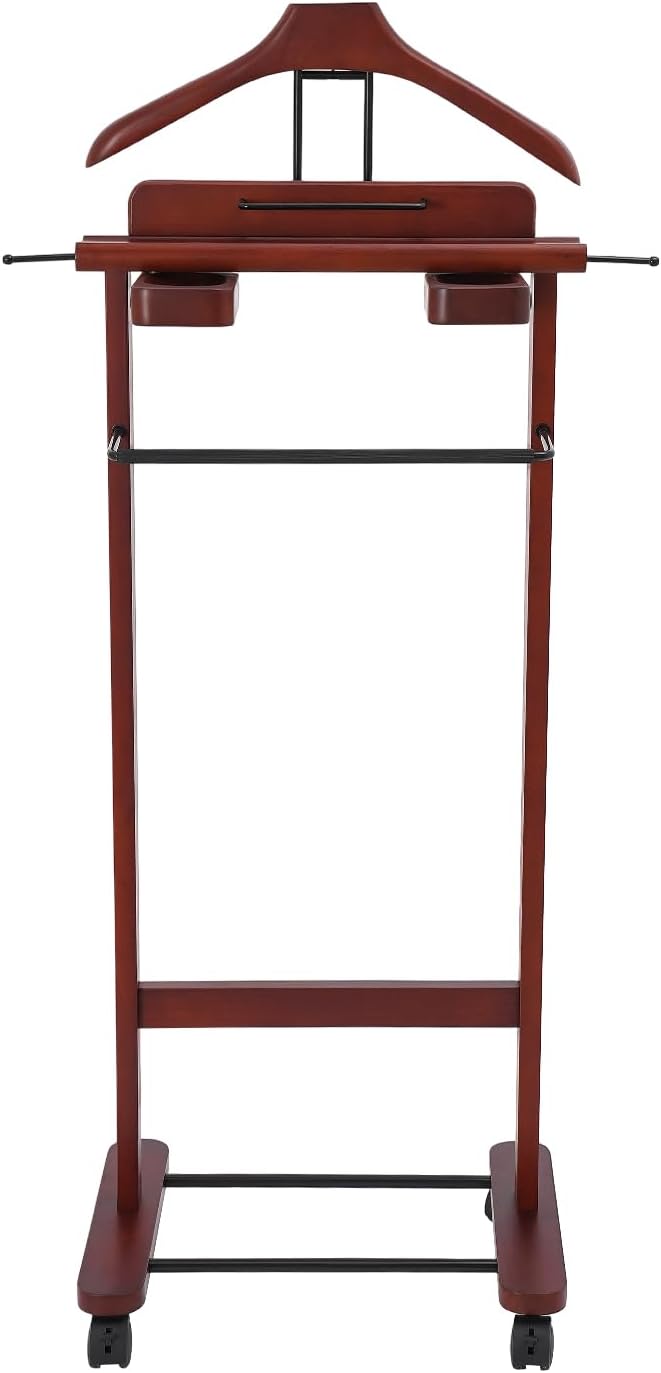 Valet Stand with Wheels and Top Tray, Wood Mens Suit Valet Stand with Shoe Shelf, Freestanding Clothes Valet Stand with Hanger, Storage Organizer for Entryway Office Living Room (B, Walnut Color)