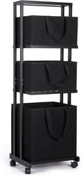 Homde Laundry Basket 3 Tier Bamboo Storage Shelf with Wheels Removable Storage Basket with Handle Freestanding Clothes Hamper Organizer for Bathroom Living Room Bedroom (Black)