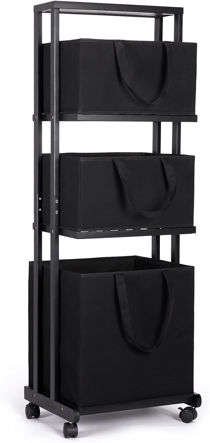 Homde Laundry Basket 3 Tier Bamboo Storage Shelf with Wheels Removable Storage Basket with Handle Freestanding Clothes Hamper Organizer for Bathroom Living Room Bedroom (Black)