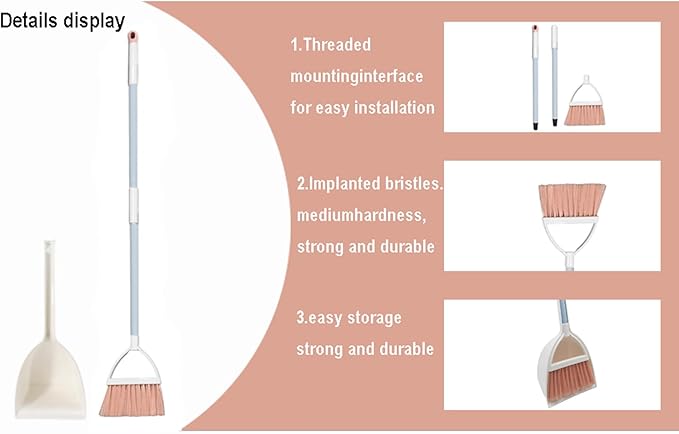 Mini Broom with Dustpan for Kids,Little Housekeeping Helper Set (White+Pink)