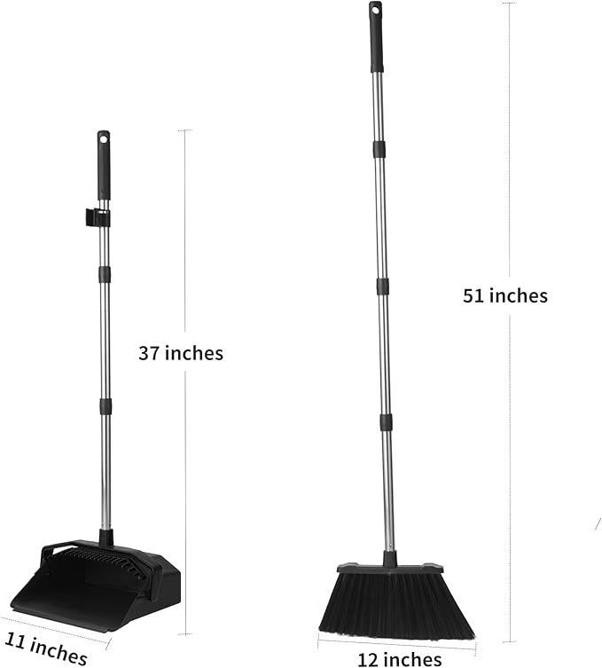 3-Pack Upright Broom with Dustpan Combo Set, Commercial Broom and Dustpan Set, Industrial Brooms and Dust Pan with Long Handle for Restaurant Kitchen Shop Warehouse Lobby Garage - Black