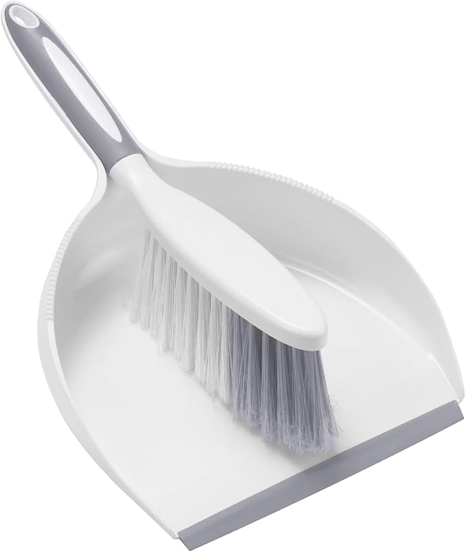 NACENA Dust Pan and Brush Set, Large Hand Broom and Dustpan Set Large Brush and Dustpan Set for Camping Broom and Dustpan Combo for Daily Cleaning Pet Hair Office Home Car, White & Gray