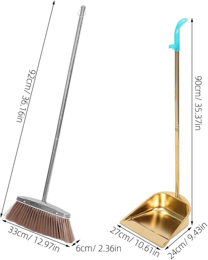ABOOFAN Gold Stainless Steel Broom and Dustpan Set with Ergonomic Handle for Indoor Outdoor Cleaning Kitchen Garage Workshop Floor Sweeping 35.43X10.62X9.44In