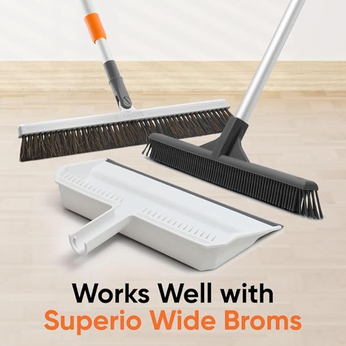 Superio Wide Plastic Dustpan with Comb - 16" Wide, Rubber Lip, Broom Handle Clip, White