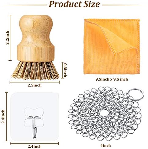 Patelai 7 Pieces Cast Iron Cleaner Set Include Stainless Steel Chainmail Scrubber with Bamboo Dish Scrub Brush Hot Handle Holder 2 Pan Grill Scrapers Kitchen Towel Wall Hook (Bright Color)