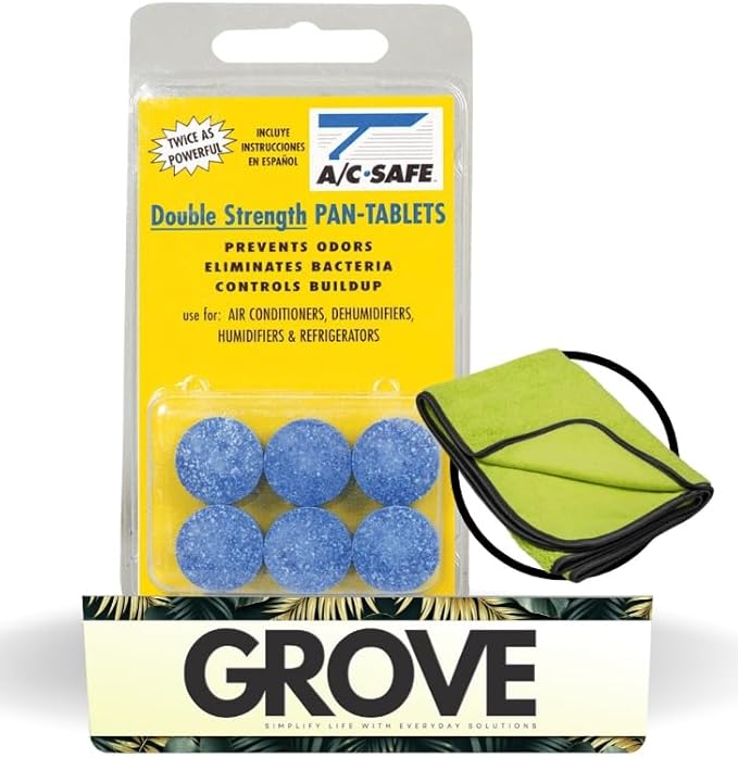 AC-Safe Air Conditioner Pan Cleaner Tablets 6 ct Bundle with Microfiber Auto Cleaning Cloth – Non-Toxic AC Drain Pan & Condensate Line Cleaner - Eliminates Odors for AC and Humidifiers - (2 items)