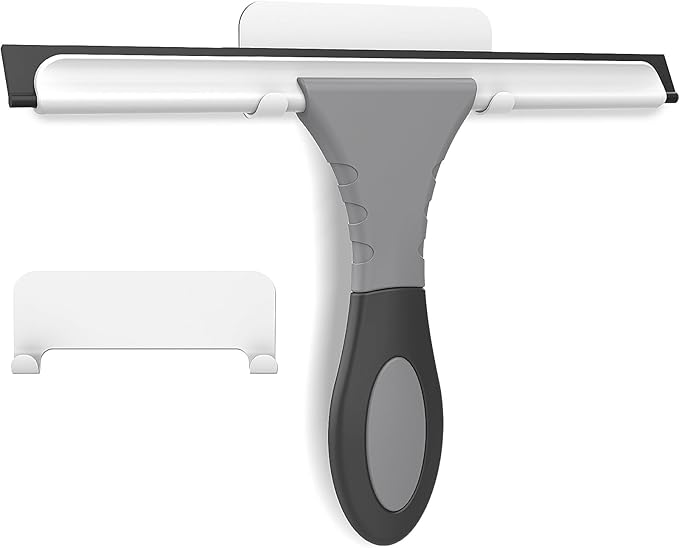 All-Purpose Silicone Shower Squeegee for Glass, Window, Door, Mirror, Car Windshield & Tile Wall, Portable Cleaner Tools, Includes One Hook & One Adhesive,10 Inches (Gray)