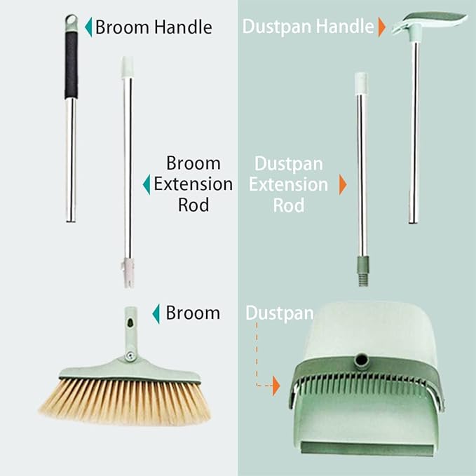 Broom and Dustpan Set for Home, Long Handle Dust Pan and Broom Combo for Indoor Outdoor Heavy Duty Dustpan Set for Kitchen Lobby Office Upright Standing Dustpan with Teeth (Green)