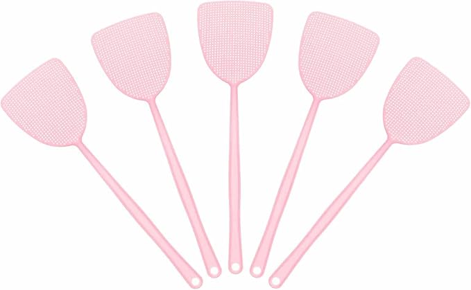 HARFINGTON 4pcs Fly Swatter 5.5"x4.9" Plastic Manual Heavy Duty Long Handle Fly Swatter for Home Indoor Outdoor, Pink