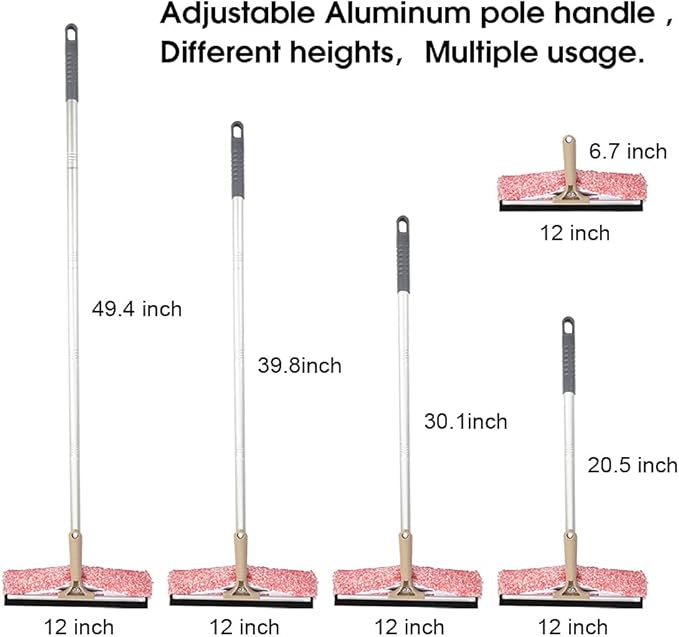 Multi-Purpose 12 inch Window Squeegee with 6.7inch-49.4inch Adjustable Aluminum Pole, Highly Absorbent Microfiber Window Scrubber for Window Cleaning,Car Cleaning.