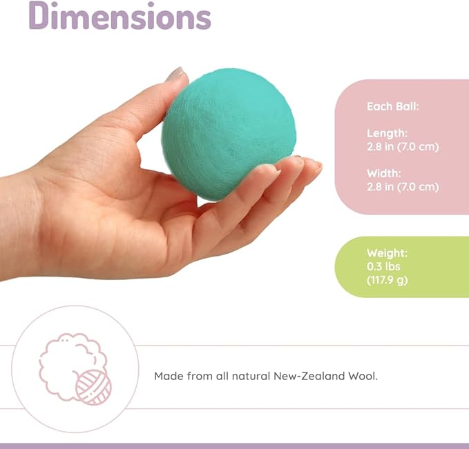 melii Reusable New Zealand Wool Dryer Balls 3-Pack - Reduces Drying Time, Static & Wrinkles - Mint, Lime, Blue