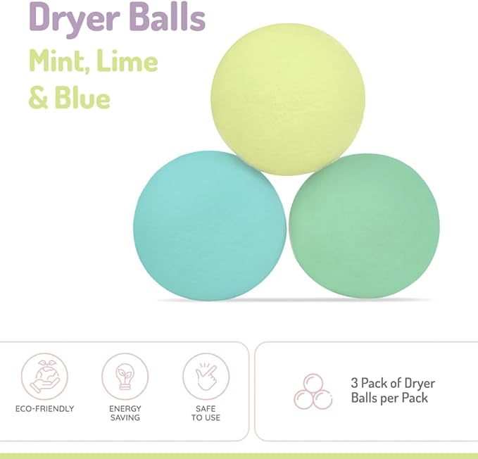 melii Reusable New Zealand Wool Dryer Balls 3-Pack - Reduces Drying Time, Static & Wrinkles - Mint, Lime, Blue