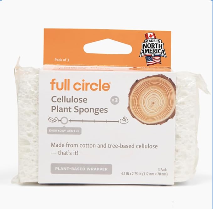 Full Circle Plain Jane, 100% Plant-Based Cellulose Sponges – Pack of 3 – Plastic-Free, Natural Sponge, No Microplastics, Safe for Nonstick Cookware