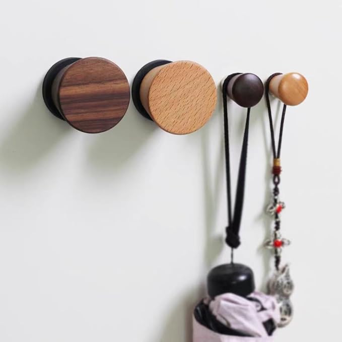 2 PCS Retro Magnetic Hooks, Wrought Iron Wooden Ball Hooks, Creative Punch-Free Storage for Refrigerators, Metal Doors, and Lockers (Beech Wood,S)