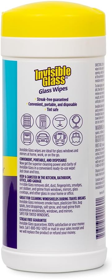 Invisible Glass 90160-2PK Glass Cleaning Wipes, Pre-Moistened, Streak-Free and Lint-Free, Safe for Windows, Mirrors, Windshields, and Tinted Glass, 40 Count (Pack of 2)