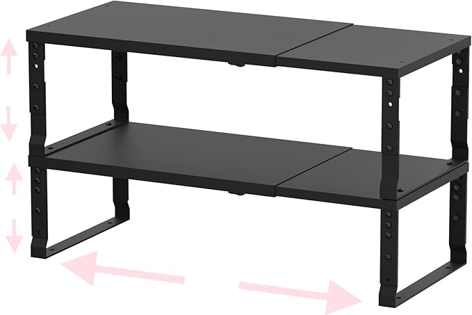 Adjustable Metal Shelving Unit, Stackable & Expendable Storage Rack for Home/Office/Kitchen, Space-Saving，Sturdy&Durable，Easy Assembly (2PACKS/Large/Black